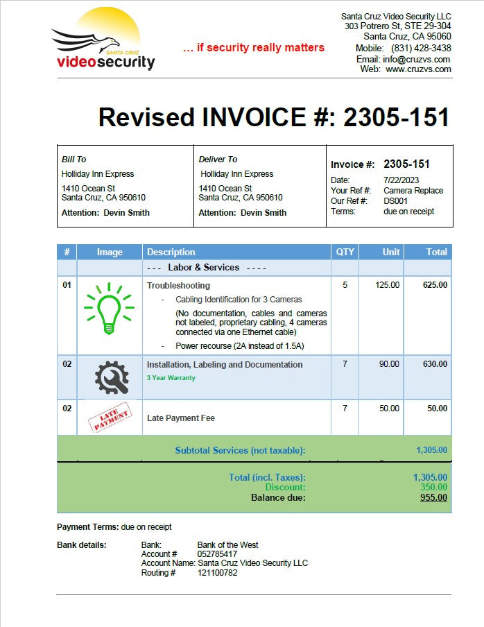 Holiday Inn Santa Cruz - REVISED INVOICE #: 2305-151 – SANTA CRUZ